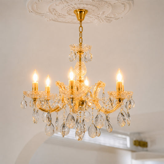 Lifestyle image of elegant crystal chandelier for luxury living room decor styling with beautiful crystal detailing.