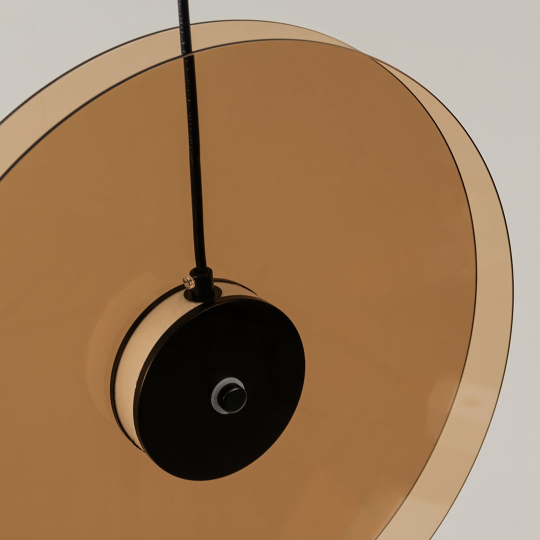 Vertical Gold Glass Double Disk Hanging Pendant Light Closeup