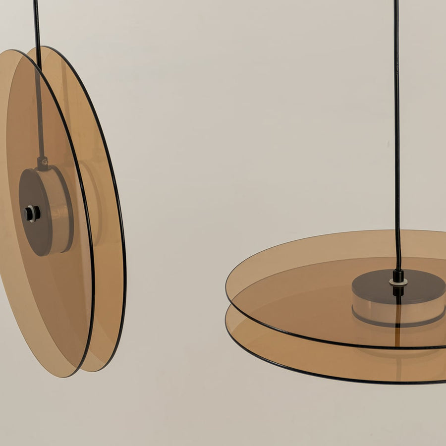 Vertical Gold Glass Double Disk Hanging Pendant Light Closeup 1