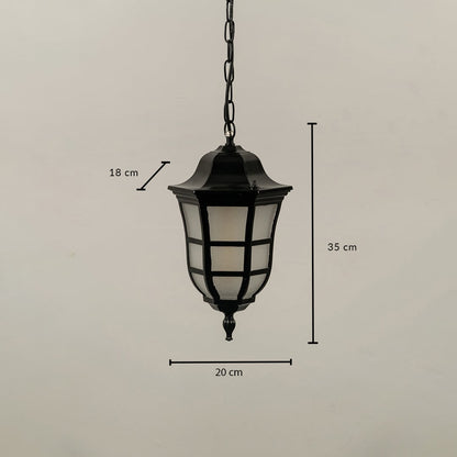 Technical drawing showing dimensions of the black pendant lantern light indicating height 35 cm width 20 cm and depth 18 cm.