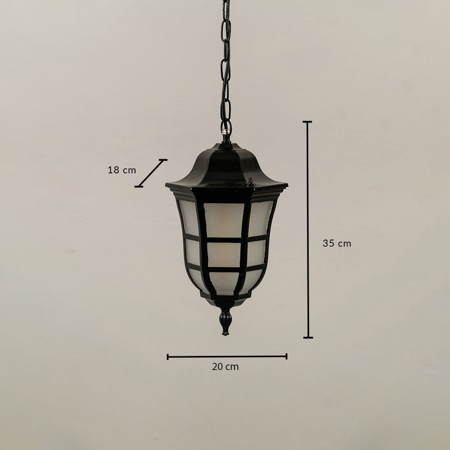 Technical drawing showing dimensions of the black pendant lantern light indicating height 35 cm width 20 cm and depth 18 cm.