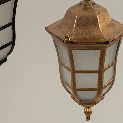 Close up view of the classic black metal lantern hanging light showing the grid detail on the frosted glass and the chain suspension.
