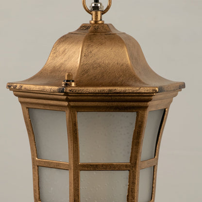 Close up view of the classic black metal lantern hanging light showing the grid detail on the frosted glass and the chain suspension.