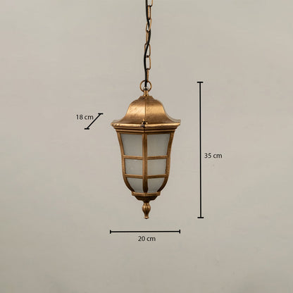 Technical drawing showing dimensions of the black metal pendant lantern light indicating height 35 cm width 20 cm and depth 18 cm.