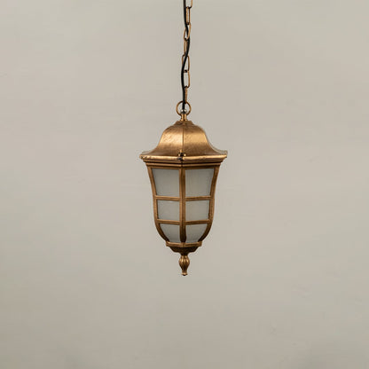 Black metal outdoor hanging lantern lamp with frosted glass panels and chain suspended against a plain white background with light off.