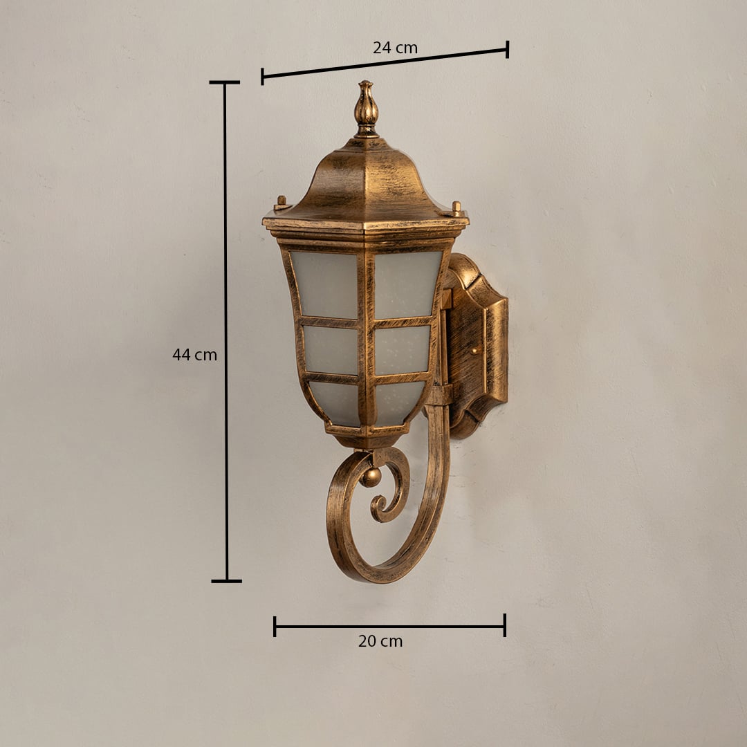Gold metal outdoor wall lantern showing size clearly with height 44 cm width 24 cm and depth 20 cm ideal for porch patio garden and entrance lighting.