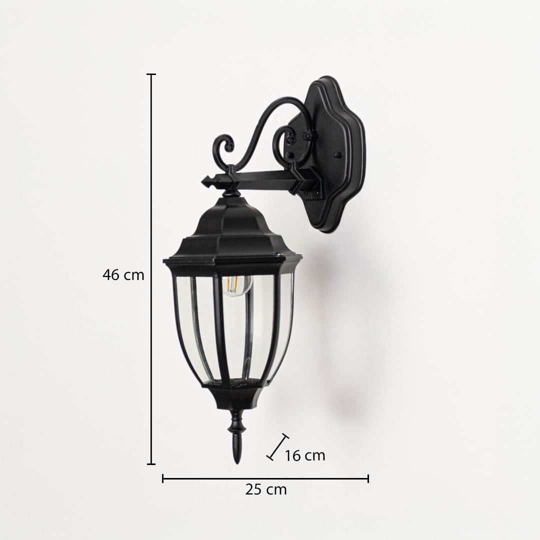 Black metal wall lantern with clear glass shade measuring 46 cm height and 25 cm width ideal for outdoor wall decor.