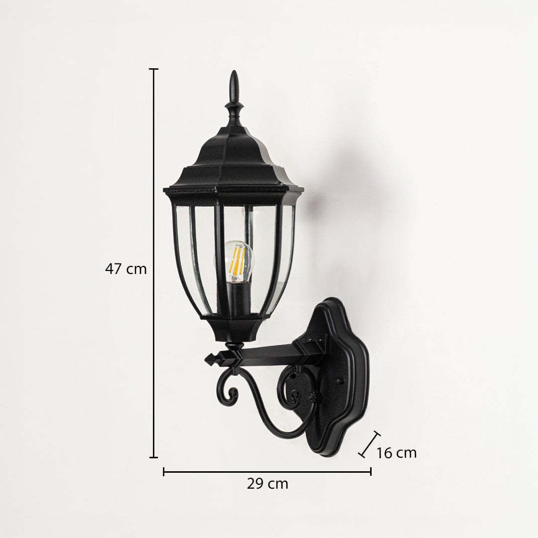 Outdoor wall light dimensions shown with height 47 cm width 29 cm and wall projection depth 16 cm for accurate installation planning.