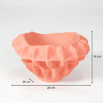 Pink textured ceramic planter bowl dimension image with 18 cm height and 26 cm width for modern shelf decor.