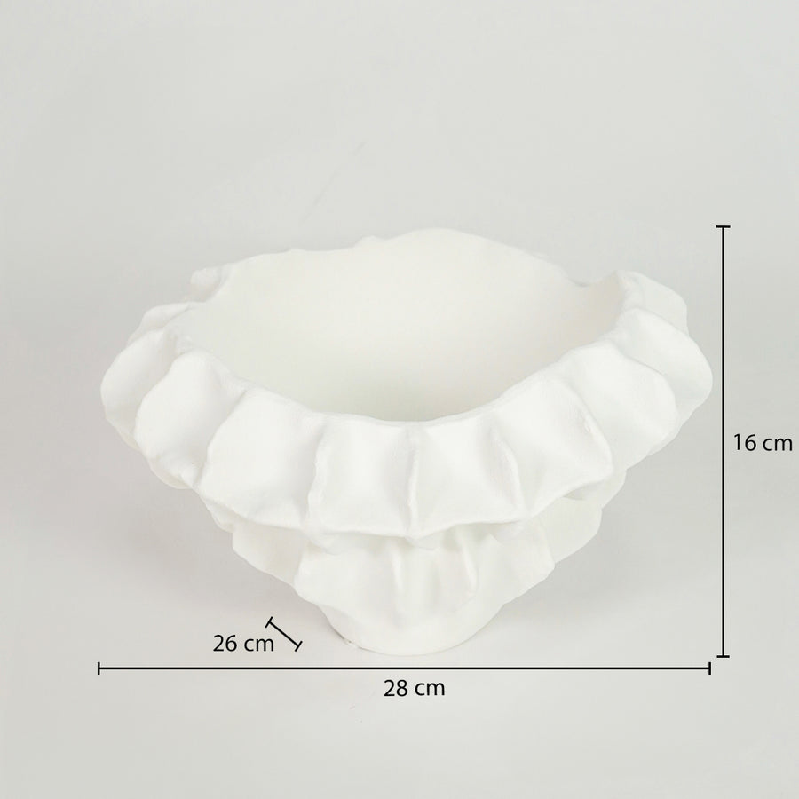 White textured ceramic planter bowl dimension image with 16 cm height and 26 cm width for elegant table decor.