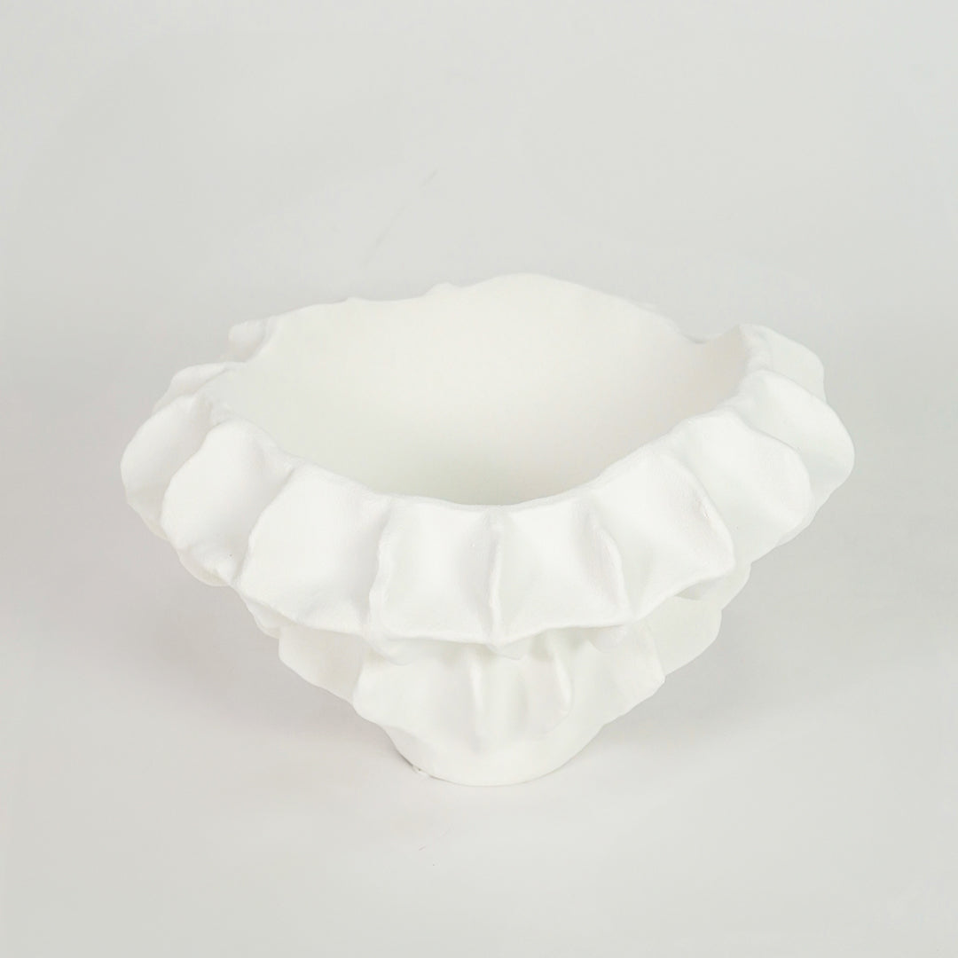 White textured ceramic bowl for elegant dining table placement and minimalist indoor decor styling centerpiece accent.