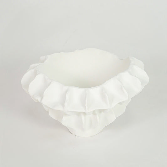 White textured ceramic bowl for elegant dining table placement and minimalist indoor decor styling centerpiece accent.