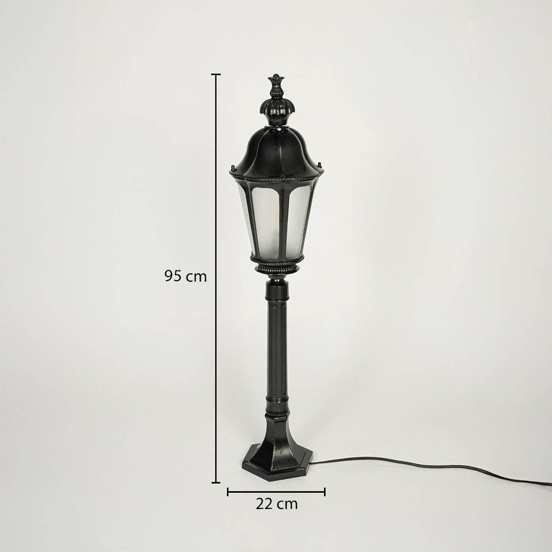 Traditional outdoor lamp post with decorative black metal lantern and frosted glass panels 95 cm height 22 cm base width ideal for garden or driveway lighting.