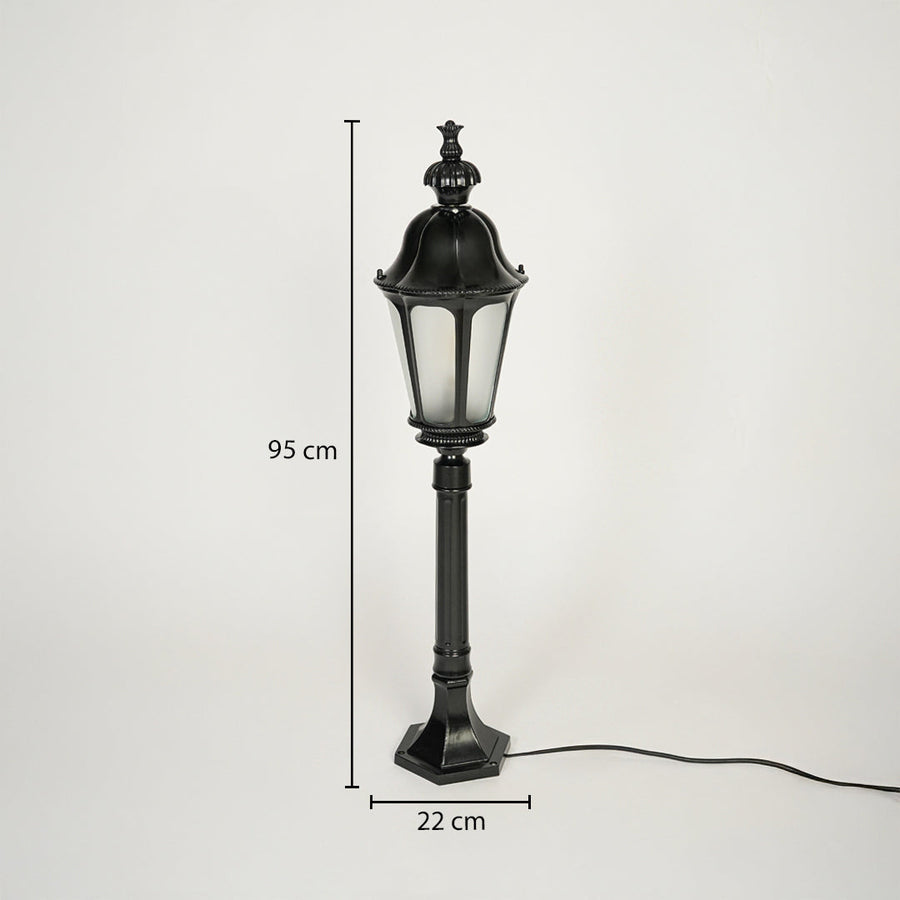 Traditional outdoor lamp post with decorative black metal lantern and frosted glass panels 95 cm height 22 cm base width ideal for garden or driveway lighting.