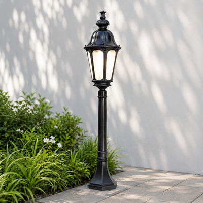 Classic black aluminum garden lamp post light for outdoor pathway walkway illumination and landscape decoration styling.