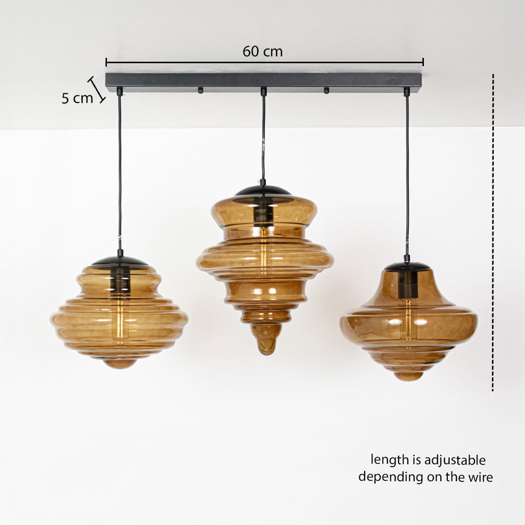 Amber layered glass pendant lights dimension image with adjustable length and 60 cm canopy for elegant dining placement.