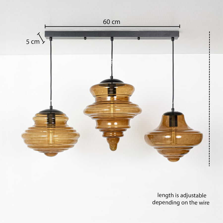 Amber layered glass pendant lights dimension image with adjustable length and 60 cm canopy for elegant dining placement.