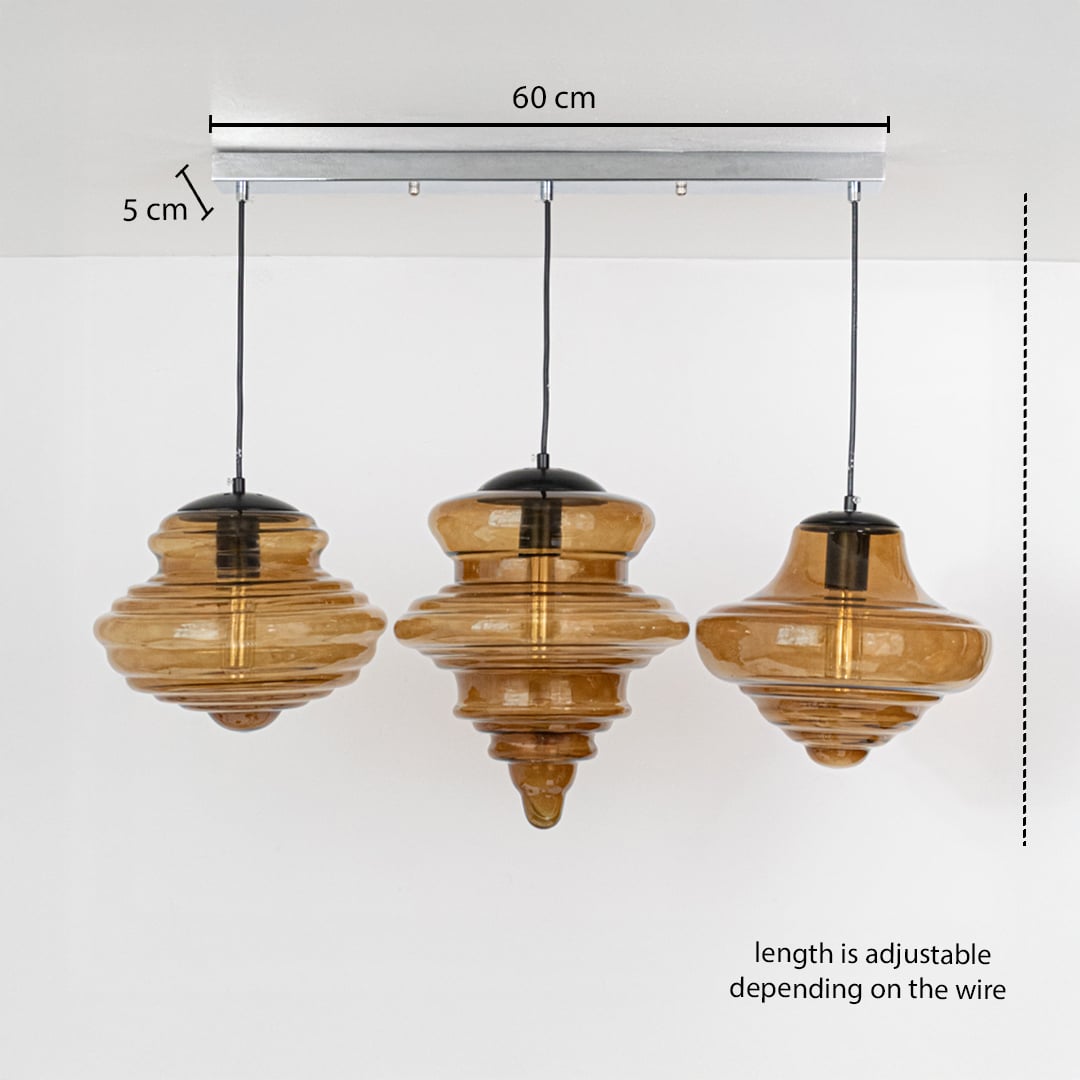 Amber layered glass pendant lights dimension image with adjustable length and 60 cm canopy for elegant dining placement.