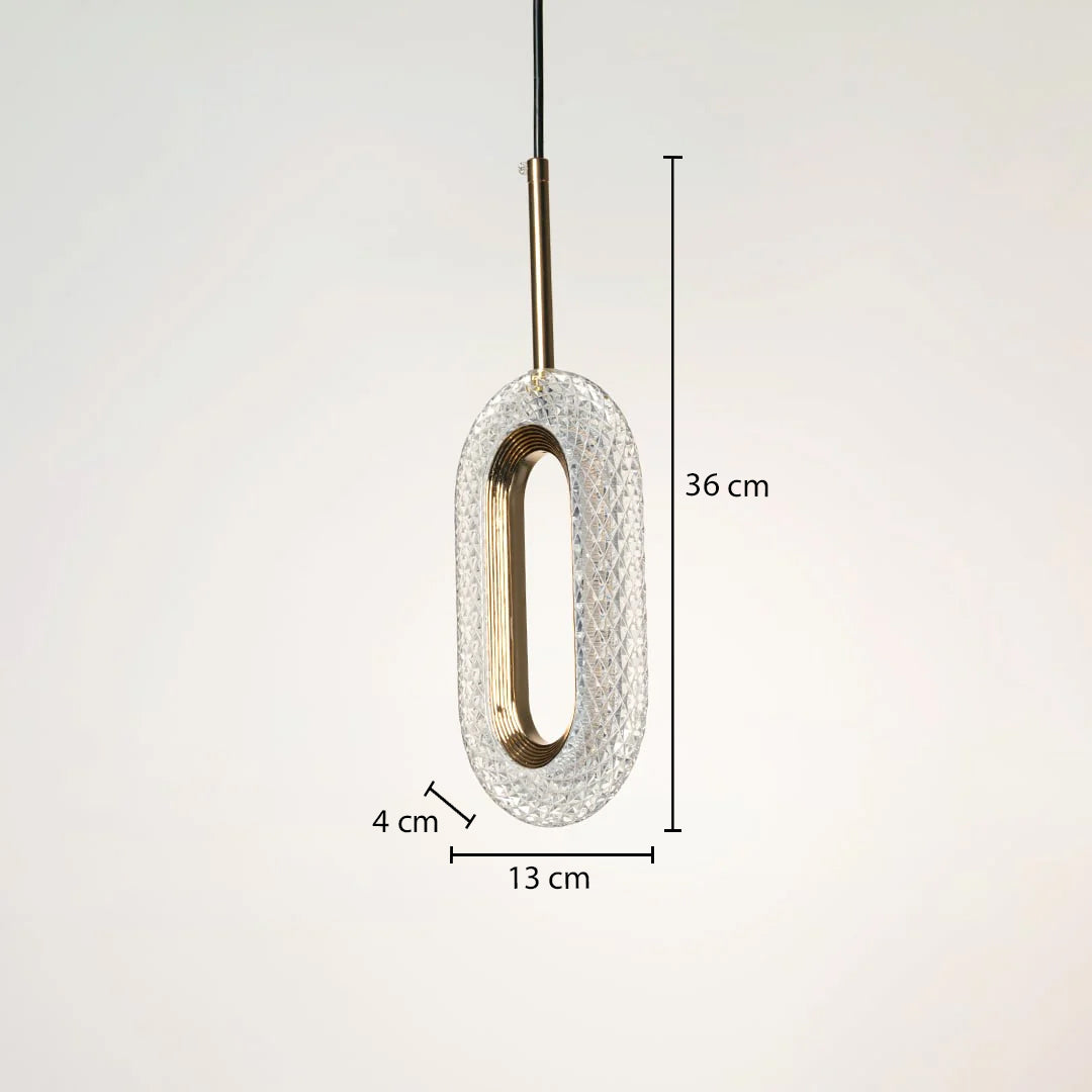Dimension image of textured clear glass oval pendant light with brass frame showing 36 cm height and 13 cm width.