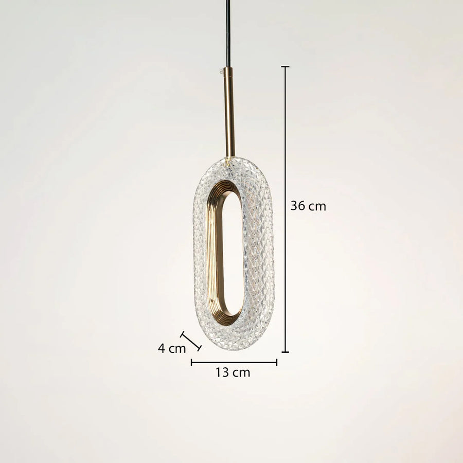 Dimension image of textured clear glass oval pendant light with brass frame showing 36 cm height and 13 cm width.