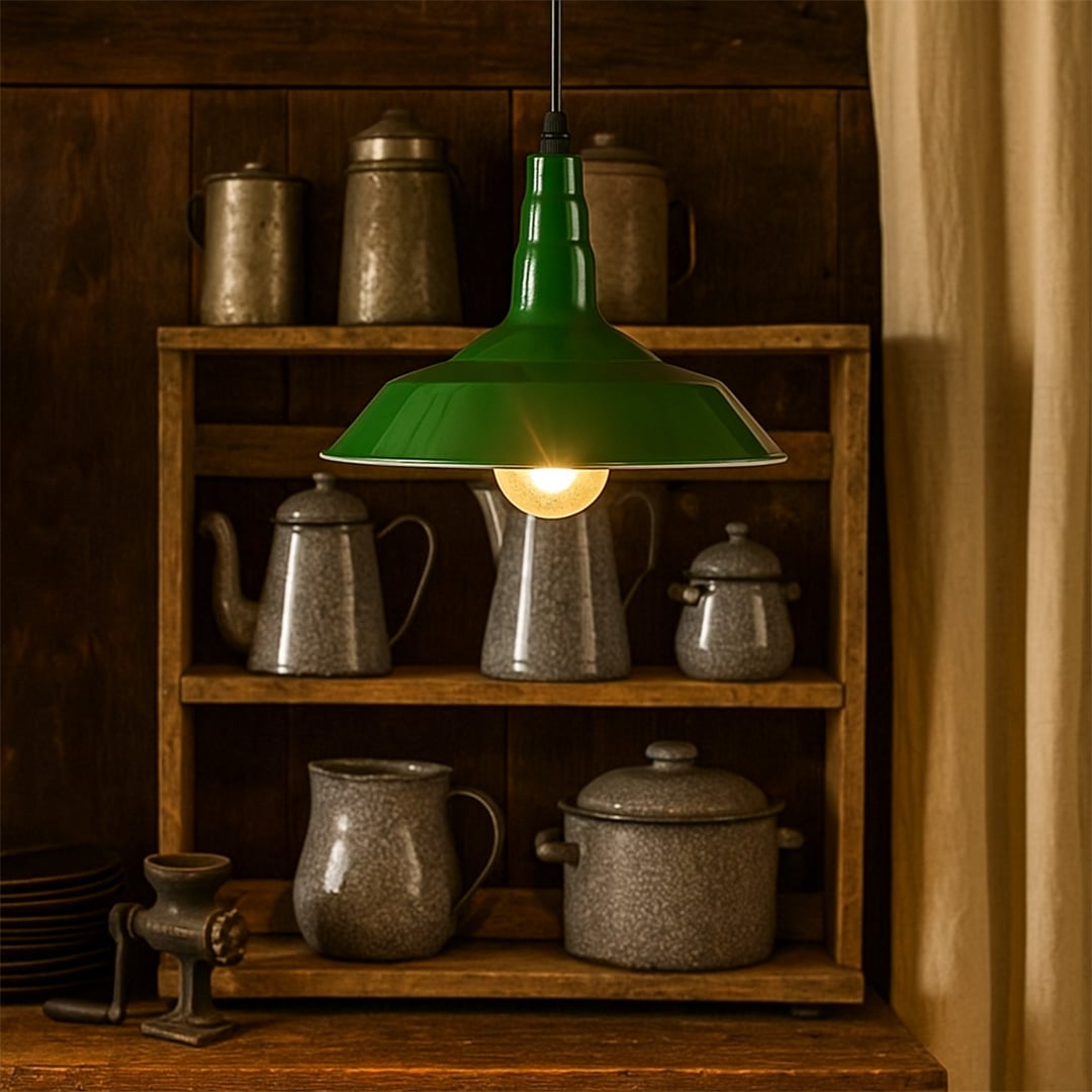 Green metal pendant light styled in a cozy dining area adding a modern vintage charm to contemporary home interiors.