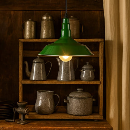 Green metal pendant light styled in a cozy dining area adding a modern vintage charm to contemporary home interiors.