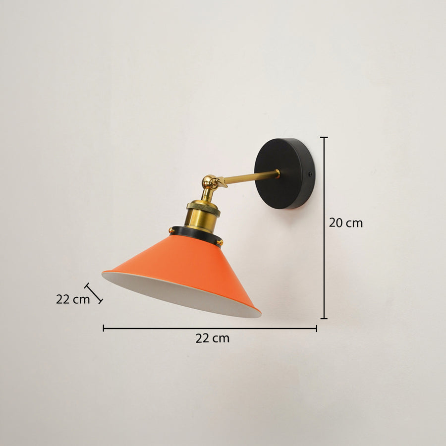 An adjustable wall sconce with a cone-shaped orange shade, brass-toned metal arm, and black circular wall mount, shown against a plain light background with dimension labels indicating 22 cm width, 22 cm shade depth, and 20 cm height.