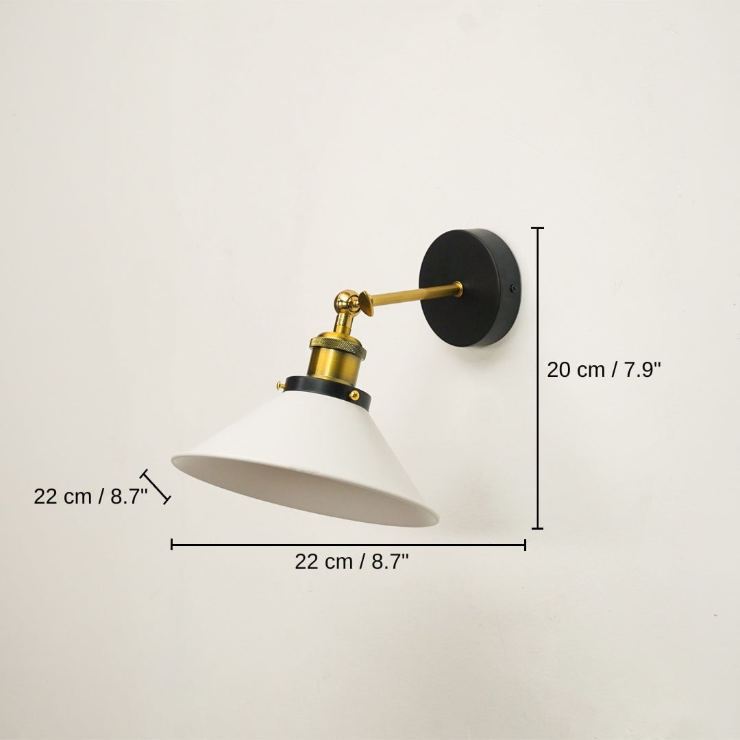Wall-mounted sconce lamp with a white conical shade, brass-toned metal arm, and black round wall plate, base 20 x 22 x 22 cm (7.9 x 8.7 x 8.7 inches), canopy 10 x 10 cm (3.9 x 3.9 inches) dimensions