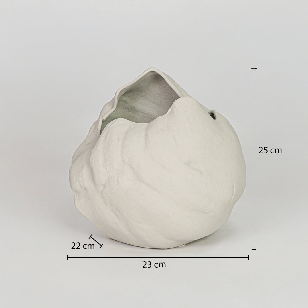 White ceramic decorative vase size 25 cm height 23 cm length modern textured flower vase dimension reference image.