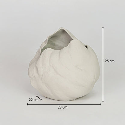 White ceramic decorative vase size 25 cm height 23 cm length modern textured flower vase dimension reference image.