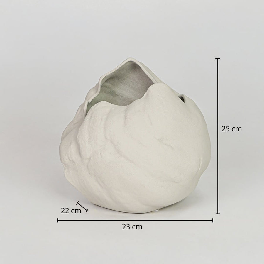 White ceramic decorative vase size 25 cm height 23 cm length modern textured flower vase dimension reference image.
