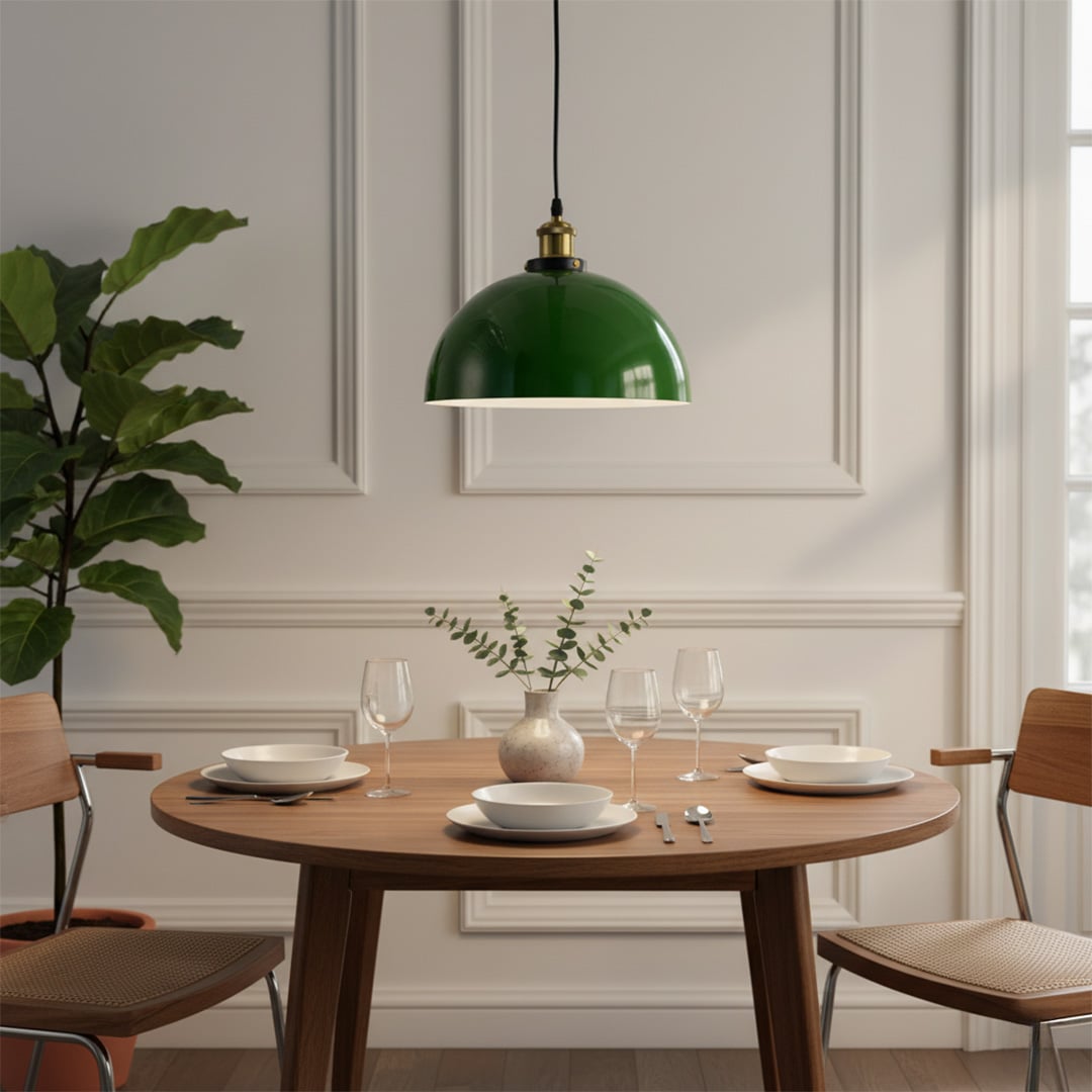 Green metal pendant light hanging above wooden dining table adding focused illumination and elegant modern style to dining room decor.