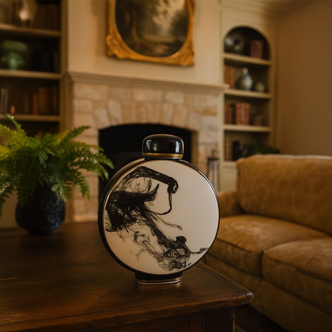 Black and white ceramic round vase with abstract ink art placed on wooden table in elegant living room interior decor.