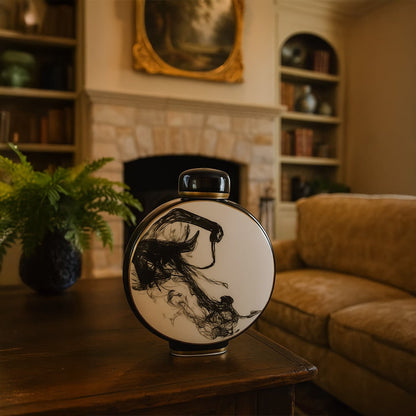 Black and white ceramic round vase with abstract ink art placed on wooden table in elegant living room interior decor.