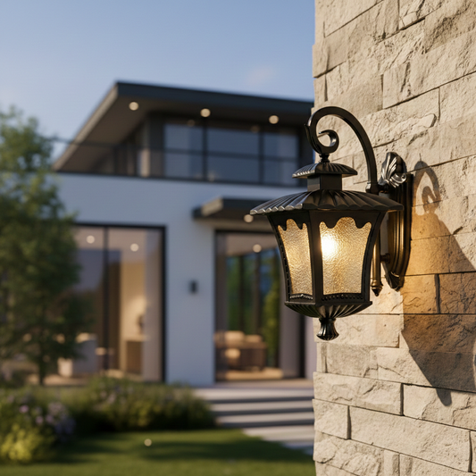 Black metal outdoor wall light lifestyle image with frosted glass lantern mounted on a rustic stone facade for decor.