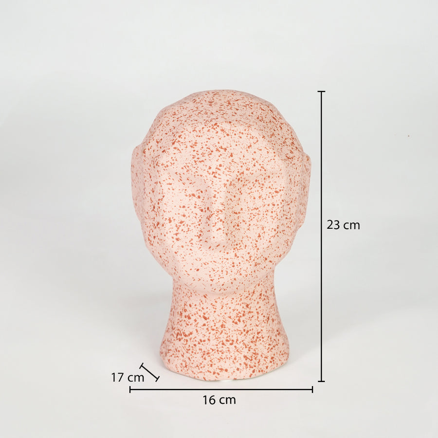 Pink textured ceramic face sculpture dimension image with 25 cm height and 16 cm width for table decor.
