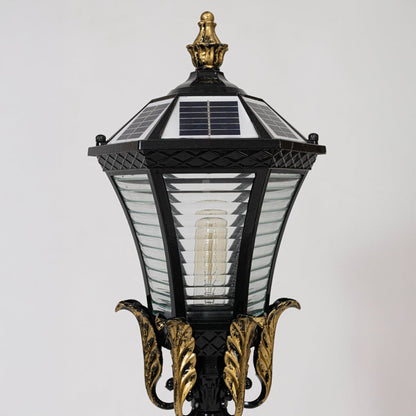 Closeup of black metal outdoor lantern light with solar panel top for elegant exterior lighting decor styling.