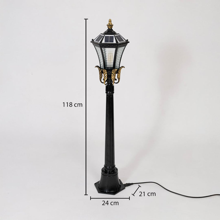 Black metal outdoor lantern light measuring 118 cm height and 24 cm width for garden lighting decor.