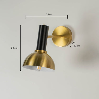 Black and gold metal wall light with 20 cm height 15 cm width and 22 cm depth for modern decor spaces.

