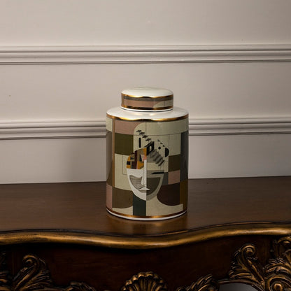 Elegant Abstract Face ceramic jar photographed on a white background showing its cubist-inspired facial design and soft matte finish.