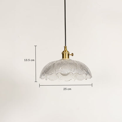 Dimension image of scalloped clear glass pendant light with brass accents showing 13.5 cm height and 25 cm width.