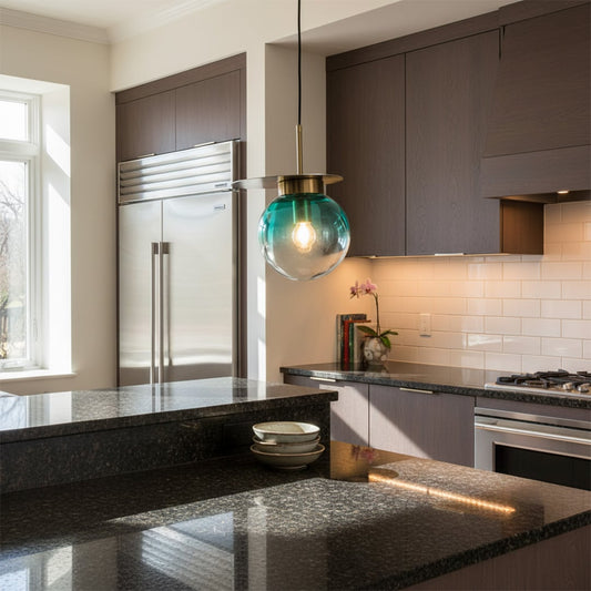 Modern kitchen island styled with green glass pendant light adding soft ambient glow and elegant focal point to interior Decor.