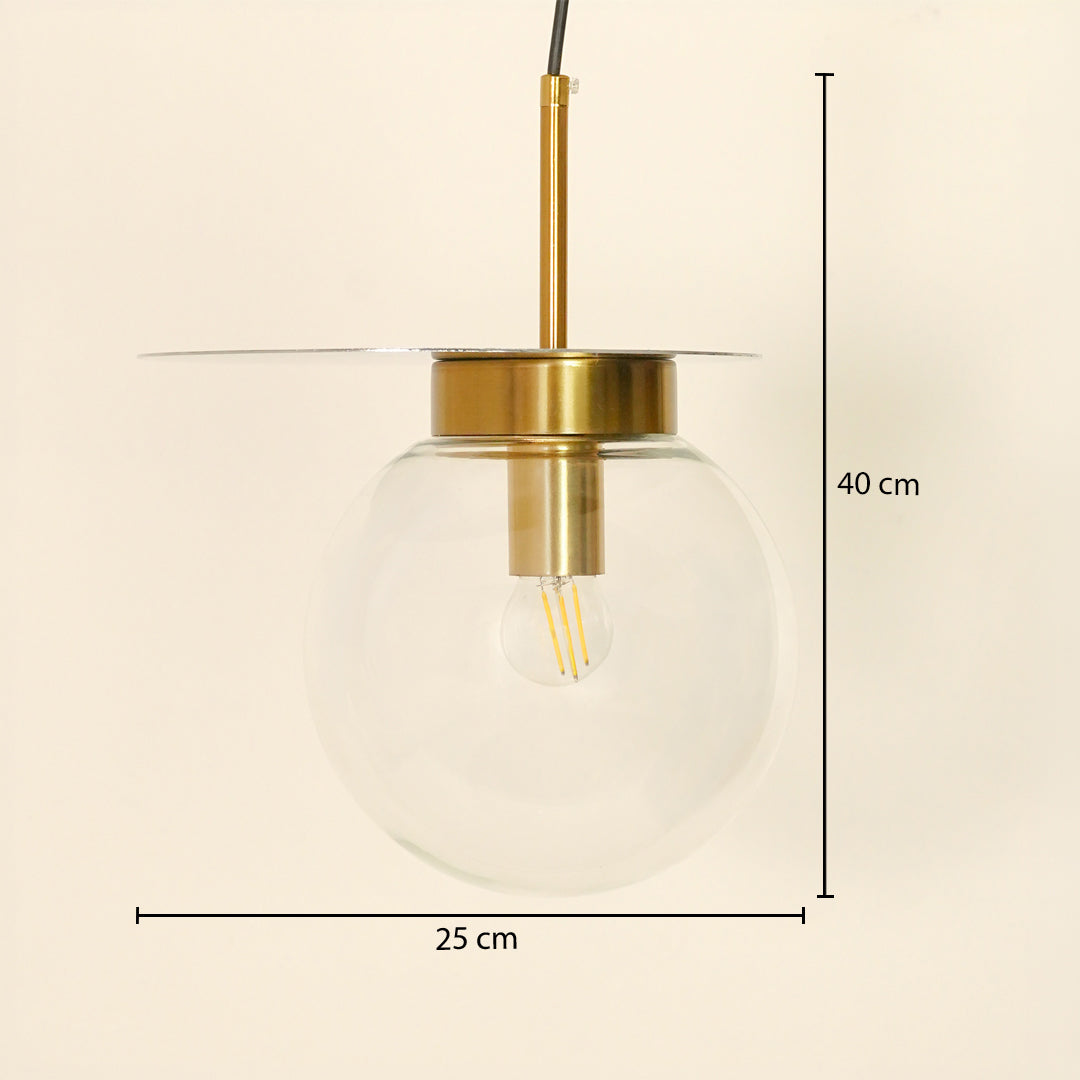 A pendant light with a clear glass globe shade and brass metal hardware, shown with dimension lines indicating a height of 40 cm and a width of 25 cm against a light beige background.