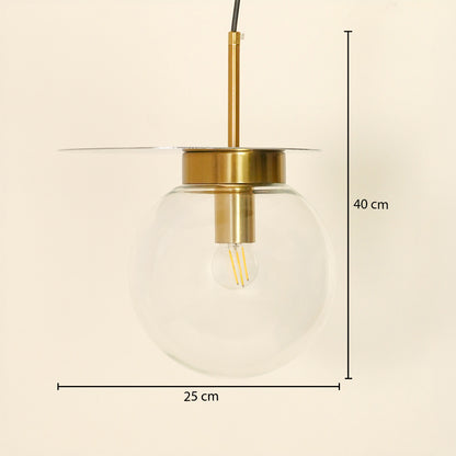 A pendant light with a clear glass globe shade and brass metal hardware, shown with dimension lines indicating a height of 40 cm and a width of 25 cm against a light beige background.