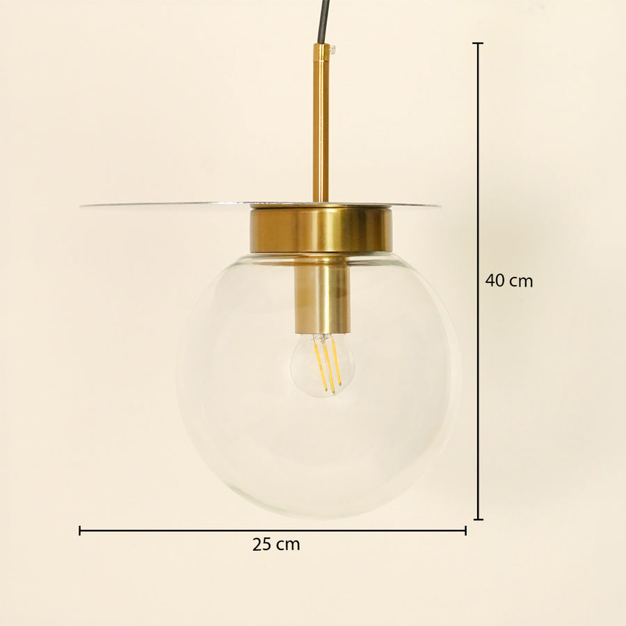 A pendant light with a clear glass globe shade and brass metal hardware, shown with dimension lines indicating a height of 40 cm and a width of 25 cm against a light beige background.