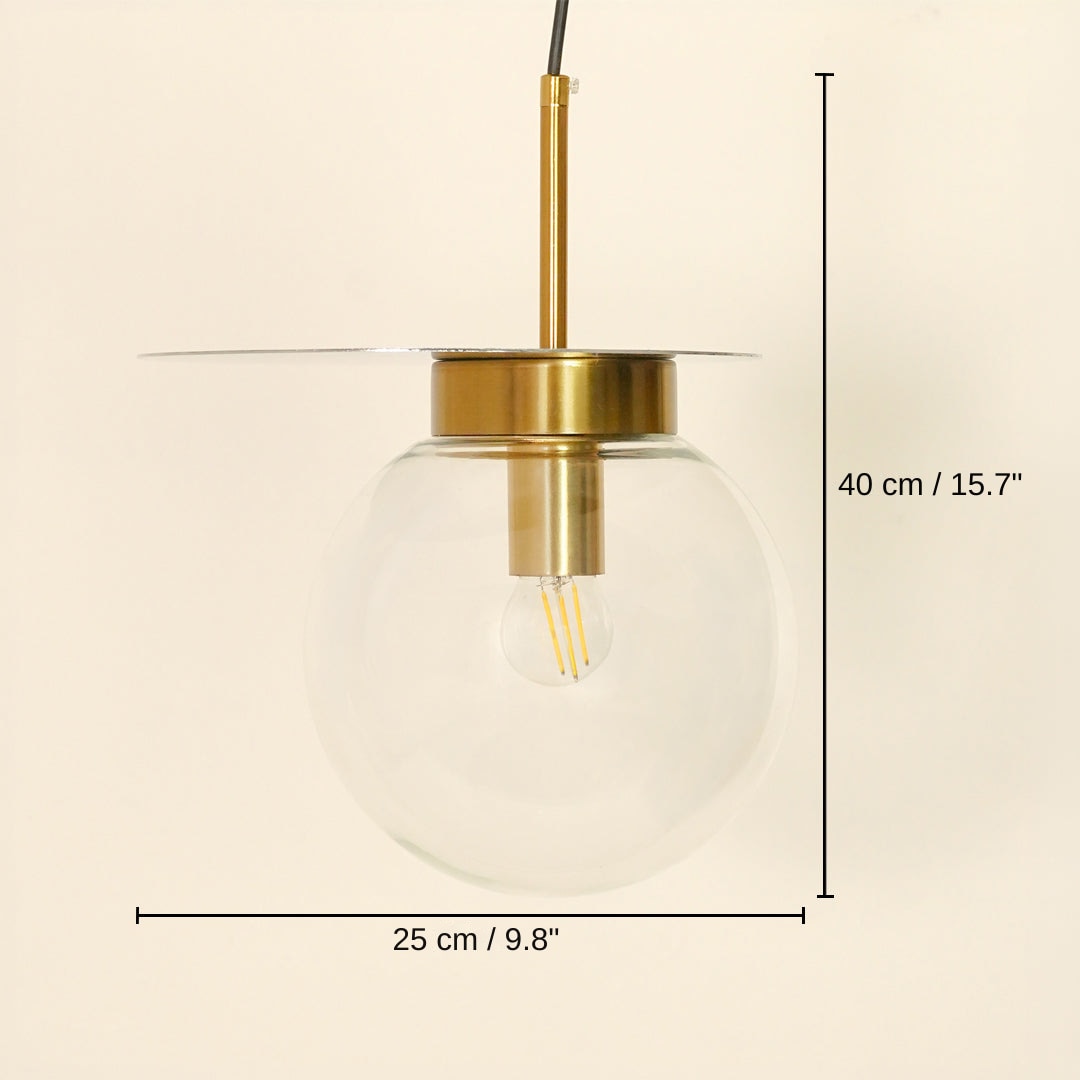 Pendant light with a clear glass globe shade and brass metal hardware, 40 x 25 x 25 cm (15.7 x 9.8 x 9.8 inches) dimensions
