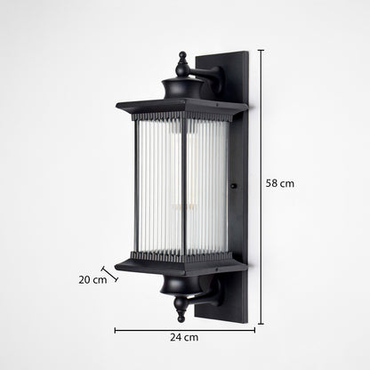 Black metal outdoor wall light dimension image with 58 cm height and reeded glass shade for modern entryway decor.