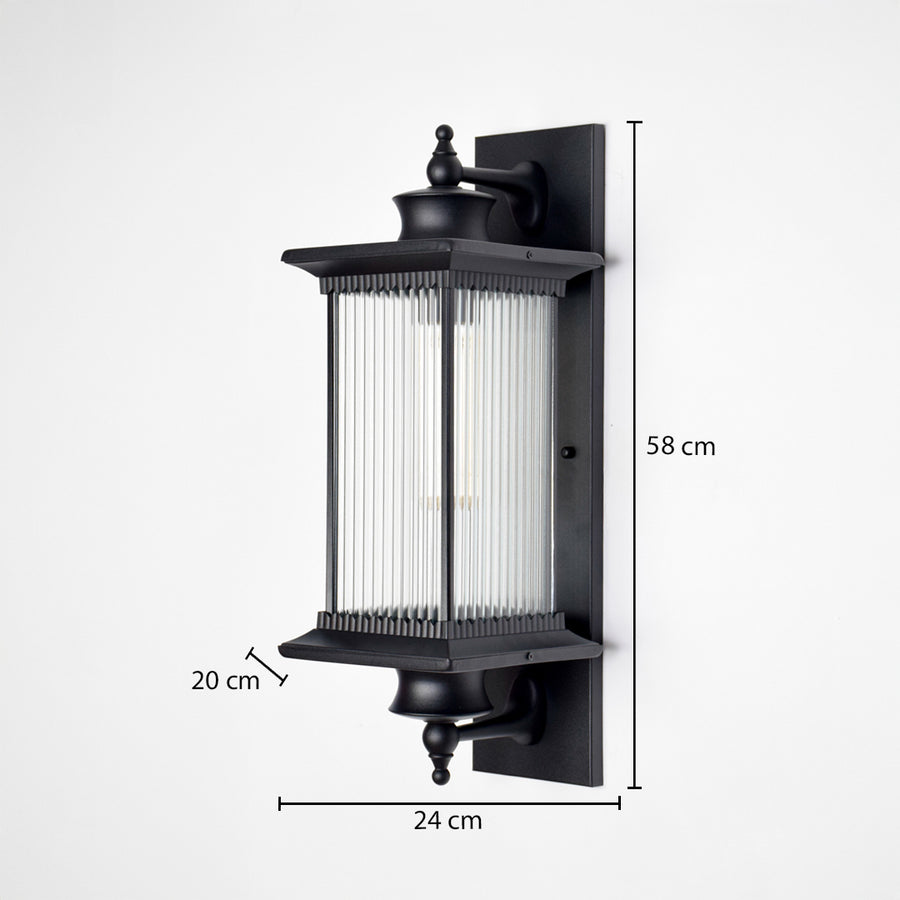 Black metal outdoor wall light dimension image with 58 cm height and reeded glass shade for modern entryway decor.