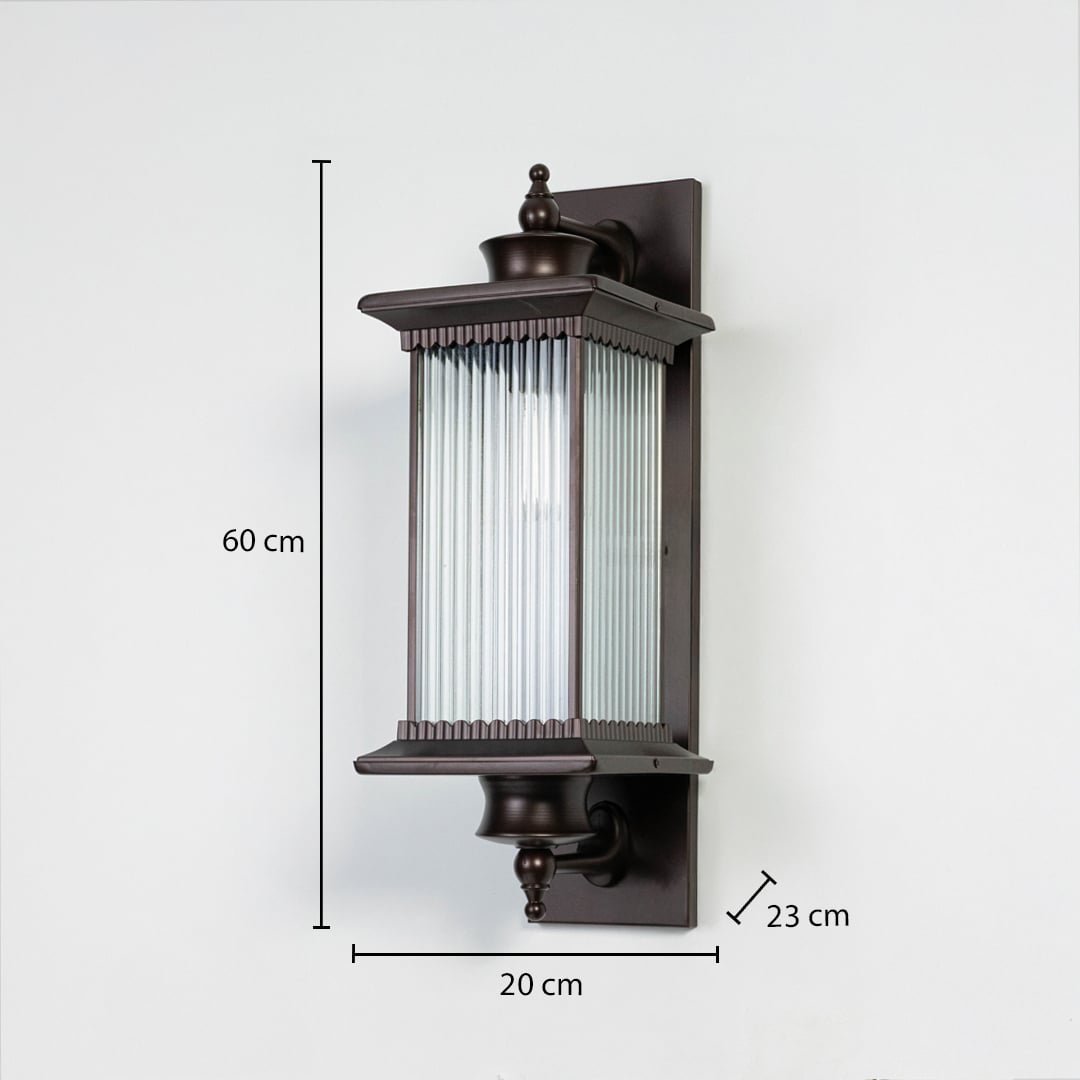 Black metal outdoor wall light dimension image with 60 cm height and ribbed glass shade for exterior decor.