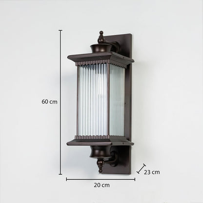 Black metal outdoor wall light dimension image with 60 cm height and ribbed glass shade for exterior decor.